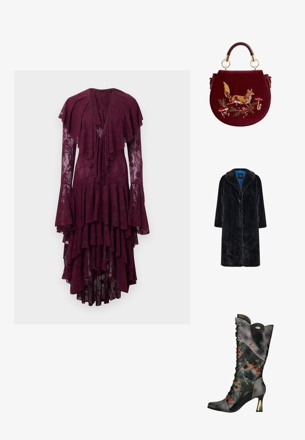 Cesare Gaspari Wintermantel - black; Bordeaux kanten jurk met gelaagde ruches, lange uitlopende mouwen en een diep decolleté. Voorzien van ingewikkelde bloemmotieven door het geheel.; Dames zwarte leren hoge hak veterlaars met reliëf bloemenpatronen en meerkleurige bloemenprint op de schacht en voet.; Ronde bordeaux handtas met een gebogen handvat, voorzien van borduurwerk van een vos die wandelt tussen rode en witte paddenstoelen en groene bladeren.