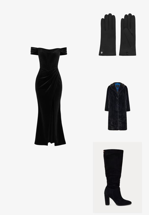Cesare Gaspari Wintermantel - black; Zwarte fluwelen jurk met een off-the-shoulder ontwerp, een slim-fit lijfje en een gedrapeerde rok met een hoge split tot het bovenbeen. Perfecte textuur en elegante vorm.; Zwarte suède dameslaars tot over de knie met blokhak en puntige neus, voorzien van een klein gouden logo label vlak bij de bovenkant aan de achterkant.; Roeckl LISSABON - Handschoenen - black