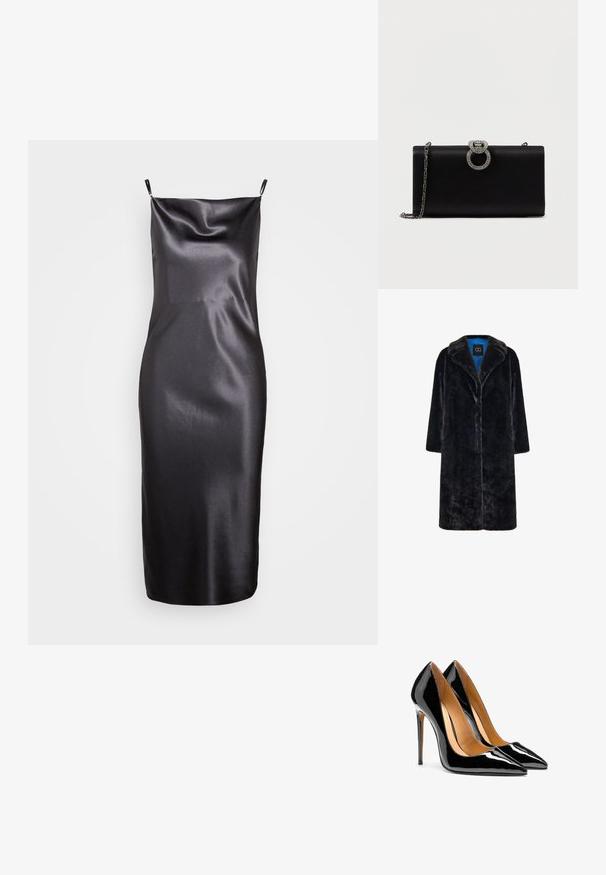 Cesare Gaspari Vinterfrakke - black; Samsøe Samsøe FREDERICKA LONG DRESS - Cocktailkjole / festkjole - ombre dark; Par af blanke sorte højhælede sko i laklæder med spids tå og stiletter samt lysebrun indvendig foret på hvid baggrund.; Sort satin clutch taske med en sølvfarvet, cirkulær lukning prydet med rhinsten, har en aftagelig kædedesign.