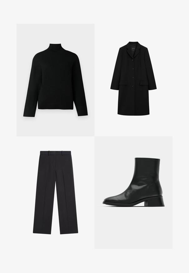 Lang sort enkelt-radet frakke med revers, fire knapper og to fremadlukkede lommer, vist på en hvid baggrund.; Sort turtleneck trøje lavet af blødt strikstof, der har lange ærmer og en afslappet pasform. Glat tekstur uden synlige mønstre eller accenter.; Sorte lige bukser med bæltestropper og pressede folder foran på hvid baggrund.; Sort ankelstøvle lavet af blank læder, med et strømlinet design, spids tå og en moderat blokhælhøjde for stabilitet.