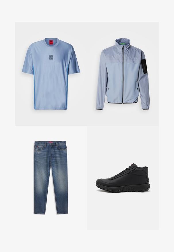 Chaqueta de manga larga de color azul claro con un alto cuello, cierre de cremallera en la parte delantera y detalles en negro. Presenta un bolsillo en la manga izquierda y puños elásticos.; Camiseta deportiva de color azul claro con un patrón texturizado, cuello redondo, acentos laterales en azul de contraste y un logo gris en el pecho.; Vaqueros azules de mezclilla con un diseño clásico, con cierre de botones, cinco bolsillos y un sutil desgaste. Corte recto, lavado medio.; Zapatillas altas negras hechas de cuero texturizado, con suela de goma gruesa con patrones de tracción y diseño de cordones. Acabado en rojo en la lengüeta.