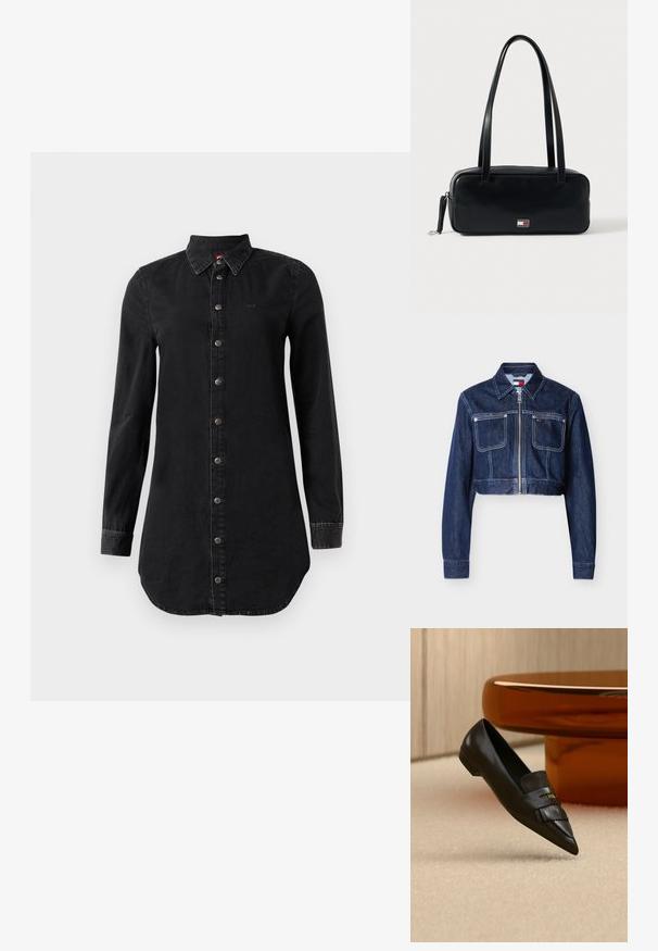 Donkerblauwe cropped spijkerjack met rits aan de voorkant, twee klepzakken op de borst, witte stiksels en een spitse kraag.; Zwart denim shirtjurk met lange mouwen, knoopsluiting aan de voorkant en een puntige kraag, licht gebogen zoom en gestikte manchetten.; Zwarte leren loafer met puntige neus en franjedetail, geplaatst op een beige tapijt naast een ronde oranje glazen tafel.; Zwarte leren handtas met een rechthoekige vorm, platte basis, twee schouderbanden en een klein logodetail aan de voorkant. Glad oppervlak.