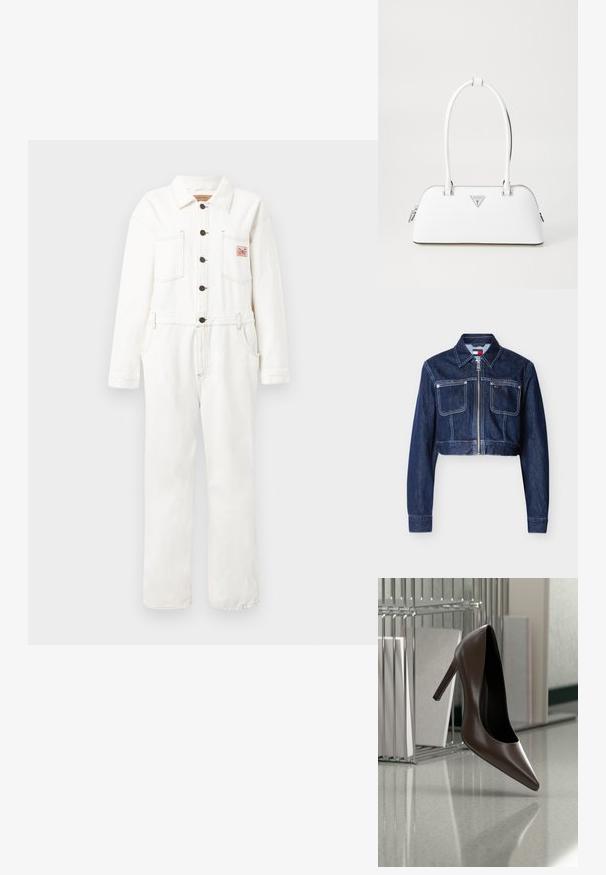 Dunkelblaue, kurz geschnittene Jeansjacke mit vorderem Reißverschluss, zwei Brustklappentaschen, weißen Nähten und spitzem Kragen.; Weißer Denim-Overall mit langen Ärmeln, durchgehender Knopfleiste, zwei Brusttaschen und taillierter Passform. Sichtbare Nähte und ein Patch-Logo-Detail.; Dunkelbrauner, hochhackiger Lederschuh, der über einem reflektierenden Boden in der Nähe eines Metallgestells mit weißen Paneelen in einem Raum schwebt.; Weiße Lederhandtasche mit geschwungener Form, versehen mit einem silbernen dreieckigen Logo und einem Reißverschluss. Glatte Textur und zwei Griffe.
