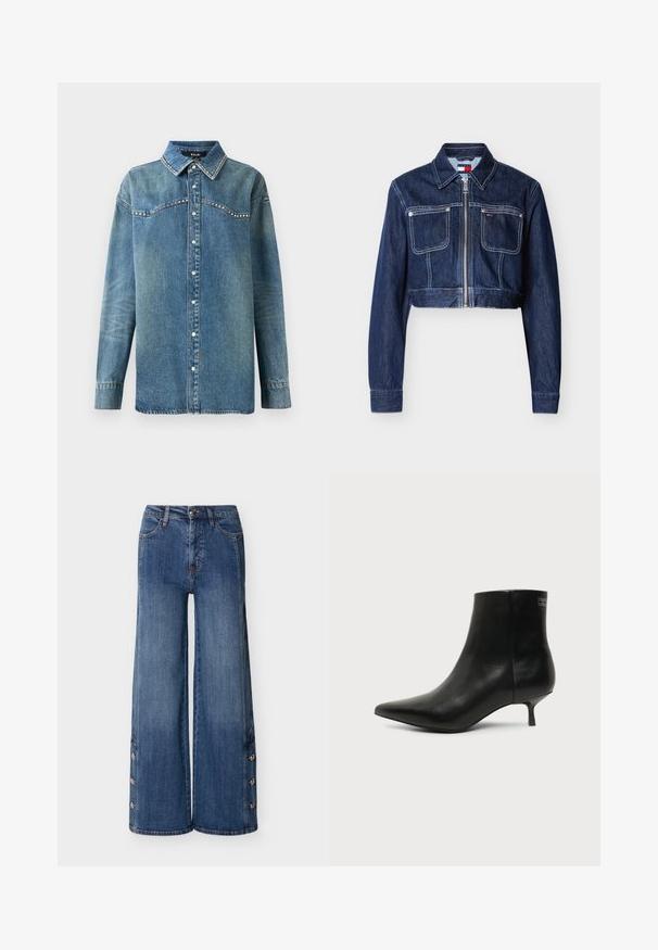 Mørkeblå cropped denimjakke med lynlås foran, to brystlommer med klap, hvide syninger og en spids krave.; Blå denim skjorte med lange ærmer, trykknapper, spids krave og rhinsten-detaljer langs bærestykke og kravekanter.; Blå højtsiddende jeans med vide ben, knaplukning og trykknapper langs ydersiden af benene, vist mod en ensfarvet baggrund.; Sort læder ankelstøvle med spids tå og lav kitten hæl på lys baggrund, der viser yderside.