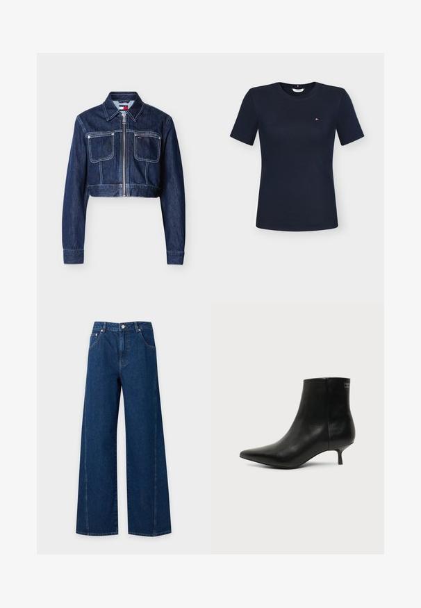 Σκούρο μπλε κοντό denim μπουφάν με φερμουάρ μπροστά, δύο τσέπες στο στήθος με καπάκι, λευκό ράψιμο και μύτη γιακά.; Στενή μπλούζα σε ναυτικό μπλε χρώμα με κοντά μανίκια, στρογγυλή λαιμόκοψη και μικρό λογότυπο Tommy Hilfiger στο αριστερό στήθος.; Σκούρο μπλε τζιν παντελόνι με φαρδιά μπατζάκια, εμπρόσθιο κούμπωμα με κουμπί και φερμουάρ, εμπρόσθιες και οπίσθιες τσέπες και ορατές ραφές.; Μαύρο δερμάτινο μποτάκι γύρω από τον αστράγαλο με μυτερή μύτη και χαμηλό τακούνι σε ανοιχτό φόντο, εμφανίζει την εξωτερική πλευρά.