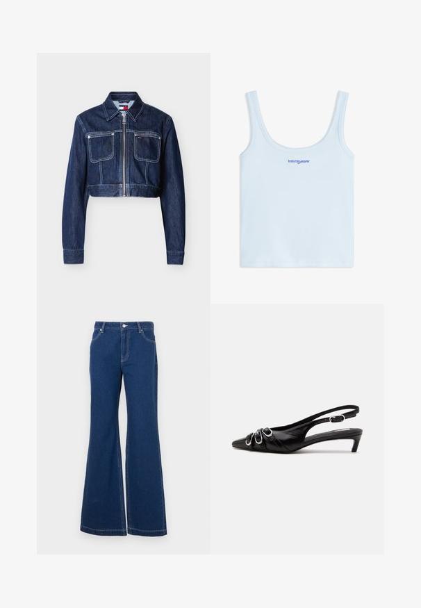 Donkerblauwe cropped spijkerjack met rits aan de voorkant, twee klepzakken op de borst, witte stiksels en een spitse kraag.; Lichtblauw geribd tanktopje met dunne bandjes en blauw geborduurd "tommy jeans" logo middenvoor.; Donkerblauwe flared jeans van denim. Kenmerken zijn onder andere riemlussen, voorzakken en contrasterende stiksels. Brede broekspijpen.; Zwarte leren slingback schoen met puntige neus, drie zilveren gespen aan de voorkant en lage kittenhak op witte achtergrond.