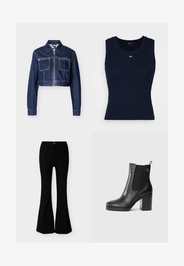 Veste en denim bleu foncé coupée, avec fermeture éclair à l'avant, deux poches poitrine à rabat, coutures blanches et col pointu.; Débardeur en coton bleu marine avec une texture côtelée, col rond et un petit logo brodé sur la poitrine. Design léger et ajusté.; Jean évasé noir taille haute avec fermeture à boutons et fermeture éclair, poches avant, cintré au niveau des hanches et des cuisses.; Bottines en cuir noir avec talon bloc, panneau élastique sur les côtés, languette d'enfilage et petit logo doré sur le dessus.