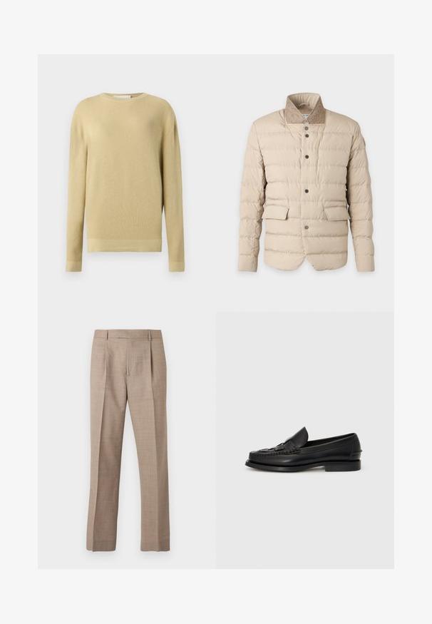 Veste matelassée beige avec col montant en tissu contrastant, boutons-pression sur le devant et deux poches à rabat au niveau de la taille.; Pull beige côtelé avec manches longues, col rond et coupe droite. Texture douce sans motifs ni accents visibles.; Pantalon beige sur mesure avec plis, jambes droites, passants pour ceinture et fermeture avant dissimulée, sur un fond neutre.; Mocassin en cuir noir avec un détail tissé à l'avant, bout arrondi et petit talon. Texture lisse et design minimaliste.