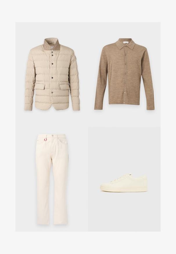 Veste matelassée beige avec col montant en tissu contrastant, boutons-pression sur le devant et deux poches à rabat au niveau de la taille.; Cardigan beige à manches longues avec boutons et col, en tissu tricoté doux, présenté sur un fond blanc uni.; Pantalon beige à jambe droite avec cinq poches, passants pour ceinture, fermeture par bouton et un porte-clés rouge attaché à la poche avant gauche.; Baskets couleur crème avec une tige en cuir lisse, bout arrondi, laçage à l'avant et semelle en caoutchouc texturée. Design minimaliste, sans logo.