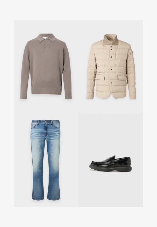 Veste matelassée beige avec col montant en tissu contrastant, boutons-pression sur le devant et deux poches à rabat au niveau de la taille.; Pull polo gris en tricot avec col, deux boutons et poignets et ourlet côtelés, arborant un logo subtil sur la poitrine.; Jean droit délavé bleu pour hommes avec fermeture à bouton et design à cinq poches sur fond blanc.; Mocassin en cuir noir avec une finition brillante, bout arrondi, détails de couture subtils et semelle en caoutchouc épaisse pour la durabilité.