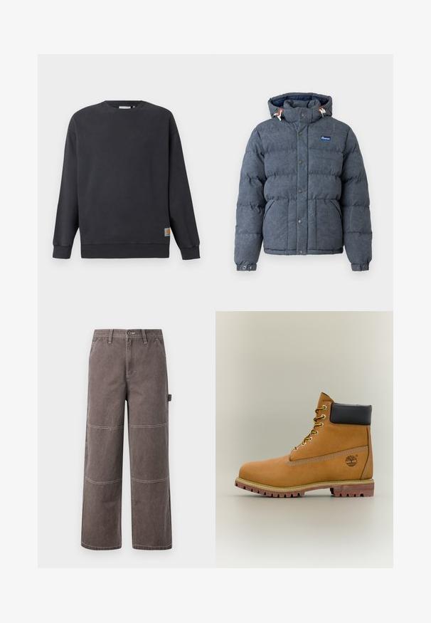 Penfield ANNIVERSARY WASHED BOWERBRIDGE JACKET - Vinterjakker - navy; Mørkegrå crewneck sweatshirt med ribstrikkede manchetter og søm. Har en lille vævet logo-label på nederste venstre side. Lavet i bomuldsstof med en glat tekstur.; Bredde ben bukser i en falmet brun farve, lavet af holdbart stof med kontrasterende syninger. Har paneldetaljer og en sidelomme.; Brun læderankelstøvle med sort krave, gule snørebånd og tanfarvet sål. Har logo og hvide syninger som detalje. Robust ydersål med greb.