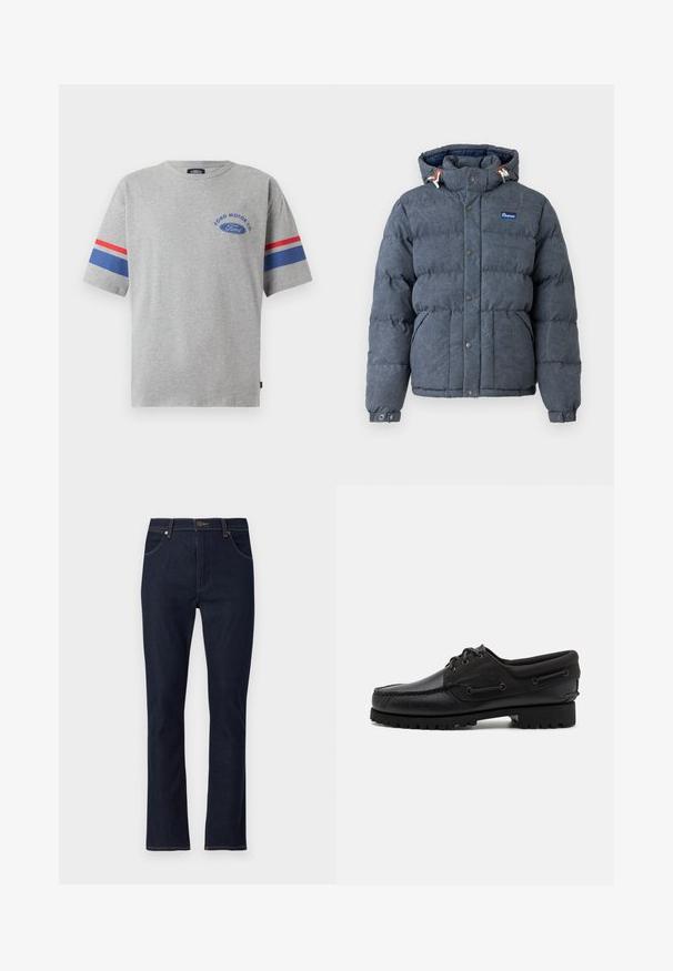 Penfield ANNIVERSARY WASHED BOWERBRIDGE JACKET - Vinterjakker - navy; Grå bomulds t-shirt med korte ærmer, prydet med blå og røde striber på ærmerne og "Ford Motor Co" logo i blå på brystet.; Mørkeblå straight-leg denim jeans med forlommer, bæltestropper og knaplukning.; Sort sko med overdel i læder, tekstilaccentuer, runde snørebånd og en tekstureret gummisål. Udstyret med mokkasinsyning og branddetalje.