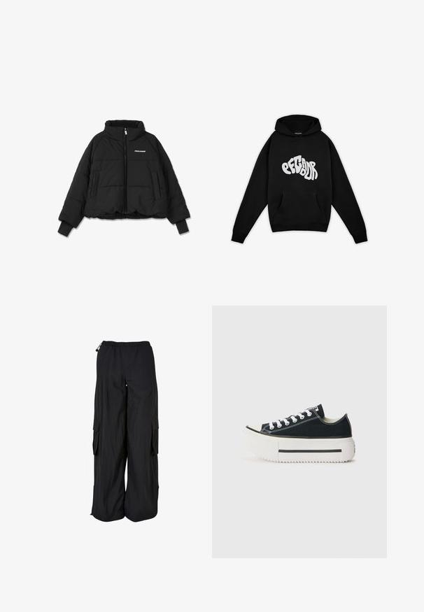 Schwarze, verkürzte Steppjacke mit hohem Kragen, Frontreißverschluss und zwei seitlichen Taschen; mit Rippbündchen und einem Markenlogo auf der Brust.; Pegador PALUMA OVERSIZED HOODIE - Sweatshirt - black; Schwarze Cargo-Hose mit weitem Bein, elastischem Bund, seitlichen Klappentaschen und verstellbaren Kordeln an Bund und Saum.; Schwarze Canvas-Sneaker mit einer weißen Gummisohle, die eine dicke Plateausohle, weiße Schnürsenkel und kontrastierende Nähte entlang der Nähte aufweisen.