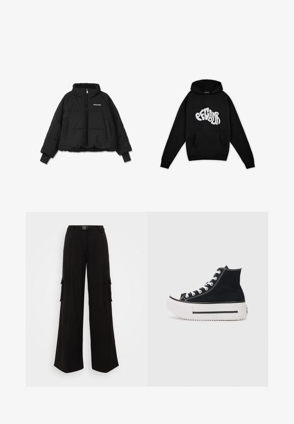 Sort kort pufferjakke med høj krave, lynlås foran og to sidelommer; har ribbede manchetter og et logo på brystet.; Pegador PALUMA OVERSIZED HOODIE - Sweatshirt - black; Sorte cargo-bukser med brede ben, sidelommer, tekstureret stof, en tætsiddende talje og et bælte til justerbar pasform. Rent, moderne design.; Sort højtop sneakers lavet af canvas, med hvide syninger, gummitåhætte, tyk hvid platformssål og sorte stribe detaljer.