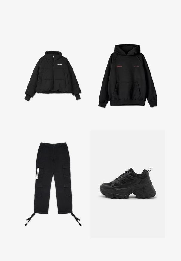 Schwarze, verkürzte Steppjacke mit hohem Kragen, Frontreißverschluss und zwei seitlichen Taschen; mit Rippbündchen und einem Markenlogo auf der Brust.; Schwarzer Kapuzenpullover mit vorderer Tasche, rotem Text "Pegador" und "Values & Visions" auf der Brust sowie dezentem Stickerei auf dem linken Ärmel.; Pegador TANAMI WIDE PANTS - Cargohose - black; Schwarze Sportschuhe mit einem strukturierten Mesh-Obermaterial, einer gewölbten Gummisohle und einem auffälligen Profilmuster. Mit integriertem Schnürsystem und Zuglasche.