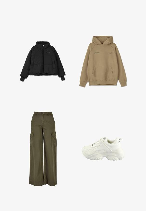 Zwarte cropped pufferjack met een hoge kraag, een ritssluiting aan de voorkant en dubbele zijzakken; beschikt over ribgebreide manchetten en een logo op de borst.; Beige hoodie van fleece materiaal, met een voorkantzak, geribde manchet en geborduurde logo's op de borst.; Olijfgroene wijde cargobroek met twee zijzakken, gemaakt van een zachte, duurzame stof. Voorzien van gedetailleerde stiksels en een knoopsluiting.; Witte sneaker met een chunky ontwerp, gladde synthetische bovenkant, gevoerde kraag en een gestructureerde rubberen zool met een ruitpatroon.