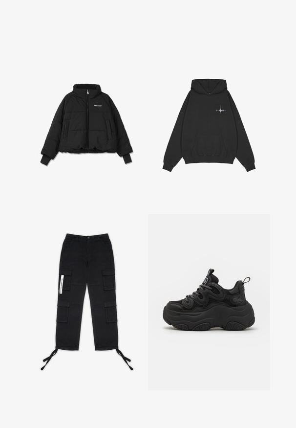 Chaqueta acolchada corta negra con un alto cuello, cremallera frontal y dos bolsillos laterales; presenta puños acanalados y un logotipo de marca en el pecho.; Pegador Jersey con capucha - washed black; Pegador TANAMI WIDE PANTS - Pantalones cargo - black; Zapatilla negra con un diseño voluminoso, que presenta una parte superior texturizada, paneles de malla y una suela de goma gruesa. Cuerdas reflectantes y detalles de marca visibles.