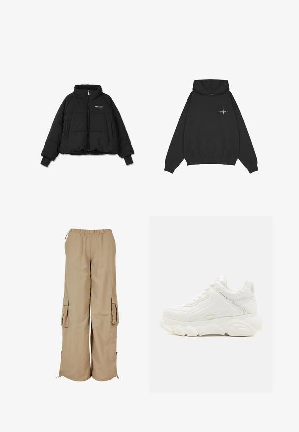 Sort kort pufferjakke med høj krave, lynlås foran og to sidelommer; har ribbede manchetter og et logo på brystet.; Pegador Hættetrøje - washed black; Beige cargo bukser med elastisk talje, to sidelommer og mesh-detaljer; fremstillet af letvægts, tekstureret stof.; Hvid chunky sneaker med tyk sål, snørelukning og "Buffalo" branding på siden og hælen.
