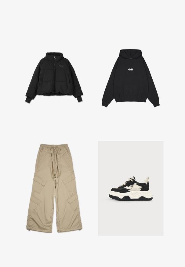 Sort kort pufferjakke med høj krave, lynlås foran og to sidelommer; har ribbede manchetter og et logo på brystet.; Pegador BELLY OVERSIZED HOODIE - Hættetrøje - washed black; Beige cargo bukser med snoretræk i taljen, flere sidelommer og en afslappet pasform. Lavet af letvægts, glat stof med syning detaljer.; Kraftig sort og hvid sneaker med tyk sål, snørelukning foran og mærkelogo på siden og tungespids mod en enkel lys baggrund.