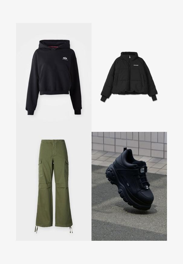 Sort kort pufferjakke med høj krave, lynlås foran og to sidelommer; har ribbede manchetter og et logo på brystet.; Sort cropped hoodie lavet af blødt stof, med en forlommer, snoretræk i hætten og et lille hvidt logo på brystet.; Olivengrønne cargo-buksen i bomuld med bred ben-design, to sidelommer og justerbare snore ved kanten.; Sorte klodsede sneakers med en glat læderfinish, snørefront, polstret sål og præget logo på siden. Tekstureret ydersål synlig.
