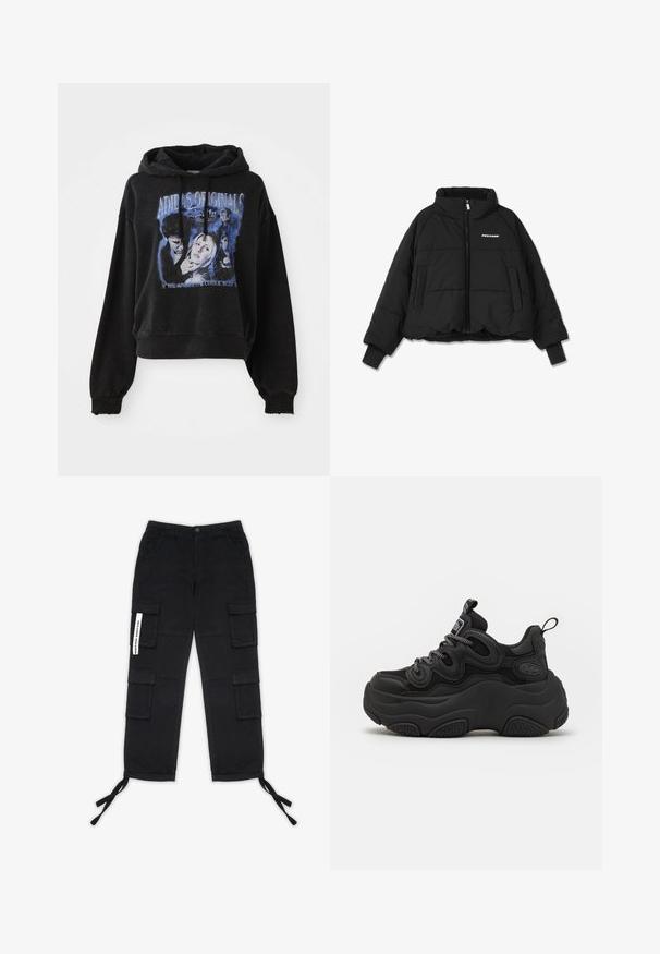 Veste rembourrée noire cropped avec un col haut, fermeture éclair avant et poches latérales doubles ; elle présente des poignets côtelés et un logo de marque sur la poitrine.; Haut de survêtement noir court en coton avec un capuchon à cordon de serrage. Présente une impression graphique bleue représentant des personnages et du texte.; Pegador TANAMI WIDE PANTS - Pantalon cargo - black; Baskets noires au design chunky, avec une tige texturée, des panneaux en maille et une semelle en caoutchouc épaisse. Lacets réfléchissants et détails de marque visibles.