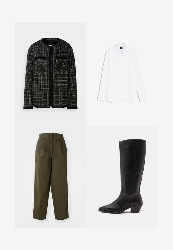 Veste en tweed noir et blanc avec un col rond, deux poches avant et un motif à carreaux texturé. Design à ouverture frontale avec des manches longues.; Chemise blanche à manches longues avec col pointu et patte de boutonnage cachée, étiquetée "BOSS" au niveau du col.; Pantalons larges vert olive, taille haute, avec des plis avant et des ourlets retroussés. Fabriqués en tissu léger avec une texture lisse.; Botte en cuir noire mi-mollet avec un bout pointu et un talon bas incliné sur un fond clair uni.