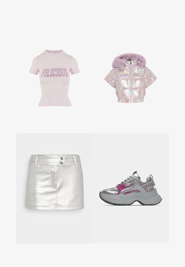 Holografisk cropped pufferjakke med en lilla imiteret pelshette, lynlås og diamantquiltet mønster. Korte ærmer og elastisk kant.; Pink kortærmet t-shirt med tætsiddende silhuet og ribbet kant. Udsmykket med "FELICIOUS" i fede rhinsten på forsiden.; Sølvfarvet, kunstlæder nederdel med et tekstureret krokodillemønster, der har to blå knapdetaljer og en tætsiddende pasform.; Kraftig sølvfarvet sneaker med lyserøde accenter, meshpaneler, tyk sål og "Buffalo"-brand på hælstrop og side.