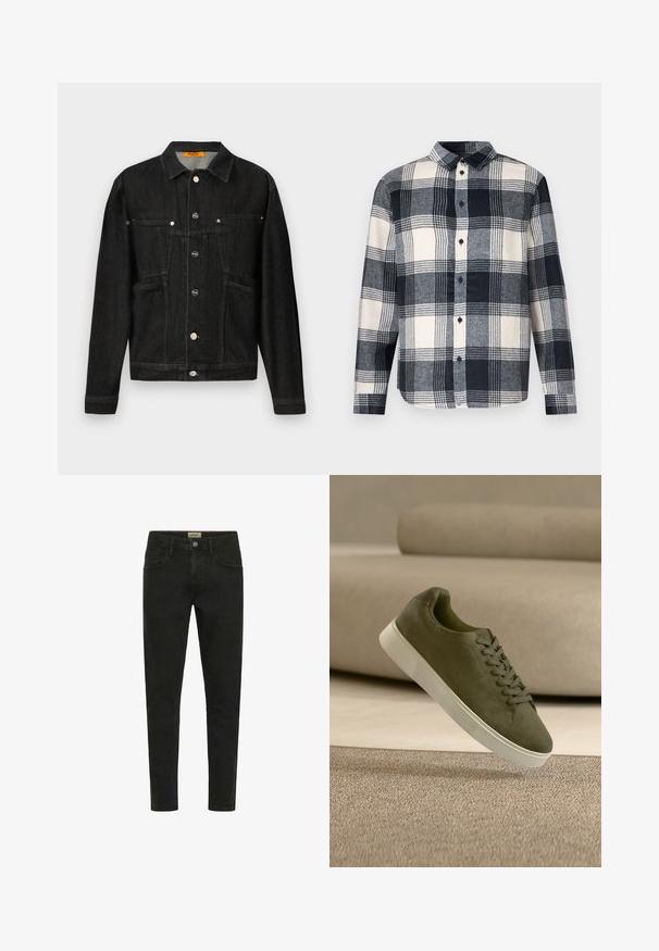 Sort denimjakke med kravehals, to brystlommer og knaplukninger. Lavet af blødt, tekstureret stof med en klassisk form.; Flannelskjorte med et ternet mønster i marineblå, hvid og grå. Har krave, knaplukning og lange ærmer med en lige kant.; Sorte slim-fit jeans lavet af denim, med knaplukning, fem lommer og et rent, minimalistisk design.; Sneaker i olivengrønt ruskind med hvid sål og snørebånd, der svæver over et beige tæppe foran en lysebeige sofa.