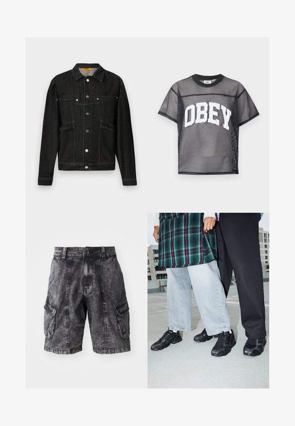 Chaqueta de mezclilla negra con cuello shirt, dos bolsillos en el pecho y cierre de botones. Confeccionada con una suave tela texturizada y un corte clásico.; Camiseta negra de malla de manga corta con texto blanco "OBEY" en el pecho y cuello redondo negro sólido.; Pantalones cortos cargo de mezclilla negra con textura desgastada, dos bolsillos laterales y cierre de botón. Hasta la rodilla con costuras reforzadas.; Zapatillas deportivas negras con acentos de malla y goma. Combinadas con jeans de pierna ancha de color gris claro y una blusa de cuadros verdes. Fondo de superficie plana.
