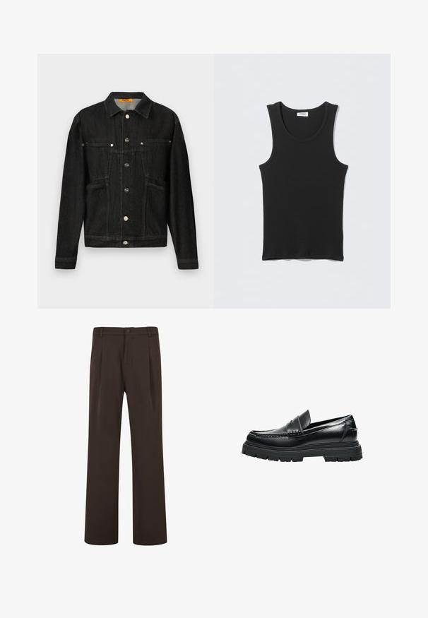Sort denimjakke med kravehals, to brystlommer og knaplukninger. Lavet af blødt, tekstureret stof med en klassisk form.; Sort ærmeløs ribstrikket tanktop med rund halsudskæring, fladt lagt på lysegrå baggrund. Etiket med teksten "WEEKDAY."; Mørkebrune bukser med lige ben, bæltestropper, knaplukning og to frontlommer med plissering.; Sort læder-loafer med tyk rillede sål og penny remdetaljer, vist fra siden på hvid baggrund.