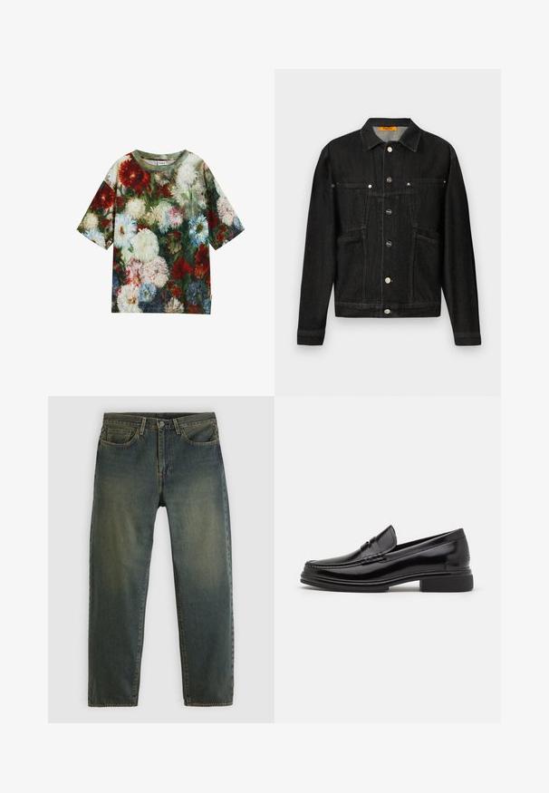 Chaqueta de mezclilla negra con cuello shirt, dos bolsillos en el pecho y cierre de botones. Confeccionada con una suave tela texturizada y un corte clásico.; Camiseta de manga corta con un patrón floral en tonos rojos, blancos, azules y verdes; fabricada con un tejido suave y con un escote redondo.; Vaqueros de mezclilla verde oscuro con diseño de cinco bolsillos, cierre de botones y corte recto, mostrados sobre un fondo claro y sencillo.; Mocasines de cuero negro con punta redondeada, que presentan un detalle cosido a través del empeine y un tacón bajo y cuadrado. Textura suave y acabado brillante.
