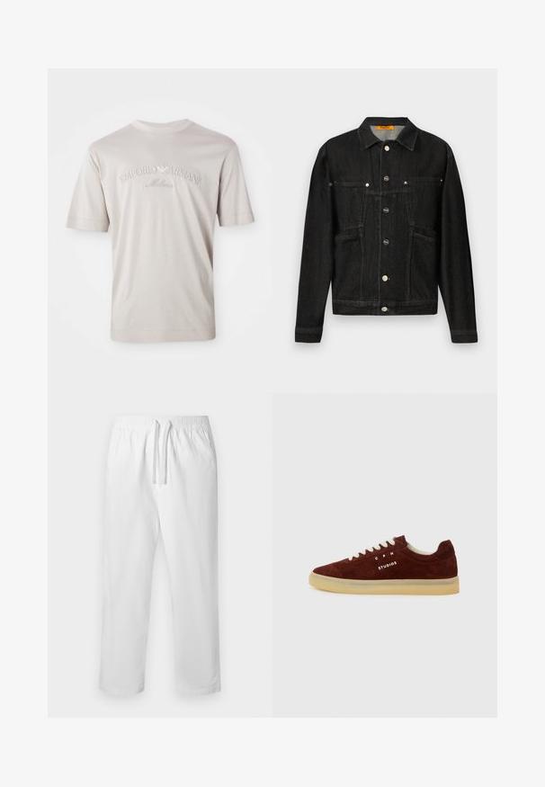 Sort denimjakke med kravehals, to brystlommer og knaplukninger. Lavet af blødt, tekstureret stof med en klassisk form.; Lyse beige kortærmet t-shirt lavet af blødt stof, med broderet "Emporio Armani Milano" logo i en lidt mørkere nuance.; Hvide løstsiddende bukser med snøre og elastik i taljen samt lige ben, vist på en ensfarvet lys baggrund.; Bordeaux ruskinds sneakers med lav profil og snørebåndsdesign. Har hvid trykt branding og en lys gummisål.