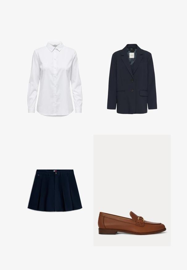Blazer bleu marine pour femme avec revers crantés, deux boutons noirs, une poche passepoilée et une poche à rabat, présenté sur un fond blanc.; Chemise blanche à manches longues, dotée d'un col structuré et d'un ourlet arrondi. Fabriquée à partir d'un tissu lisse et uni, sans motifs ni accents visibles.; Jupe mini plissée bleu marine avec bouton et fermeture éclair à l'avant, passants de ceinture, poches latérales et petit logo sur la hanche gauche.; Mocassin en cuir marron avec détail de boucle dorée et petit talon en bois, présenté de côté sur un fond uni.