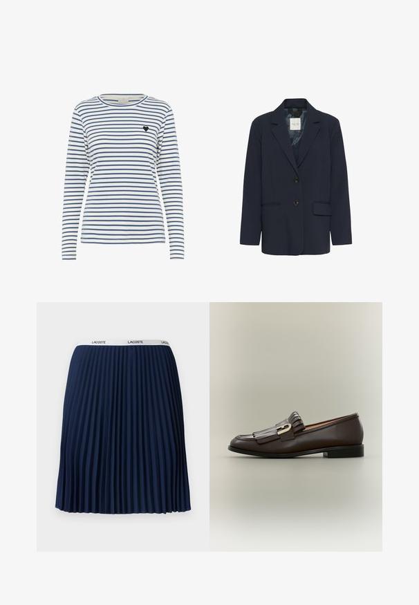 Blazer azul marino para mujer con solapas de muesca, dos botones negros, un bolsillo ojal y un bolsillo con solapa, exhibido sobre un fondo blanco.; Camisa de manga larga a rayas en blanco y azul marino, con un cuello redondo y un pequeño acento de corazón negro en el lado izquierdo del pecho. Textura de tejido suave.; Falda plisada de color marino con un diseño texturizado, cintura elástica con la marca "LACOSTE" y tela suave.; Mocasín de cuero marrón oscuro con detalle de flecos y hebilla dorada sobre un fondo neutro, vista lateral.