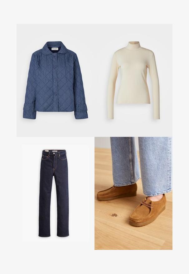 Quiltsjakke i mørkeblå med lodrette hvide striber, med krave, syv knapper og opsmøgede ærmer.; Cremefarvet langærmet turtleneck top lavet af glat, strækbart stof; tætsiddende design med høj hals og ingen synlige mønstre eller detaljer.; Mørkeblå straight-leg denim jeans med fem lommer og synlig orange syning på hvid baggrund.; Brune ruskindsko med en rund tå og tanfarvet gummisål, der har et simpelt snørebåndsdesign, parret med lyseblå denimbukser.