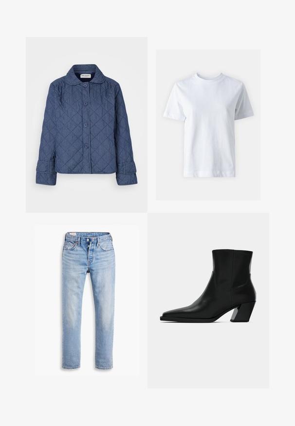 Veste matelassée de couleur bleu foncé avec des rayures blanches verticales, dotée d'un col, de sept boutons et de manches à revers.; T-shirt en coton blanc avec un col rond, manches courtes, coupe droite et texture lisse. Sans motifs ni embellissements.; Jeans en denim bleu clair avec une coupe droite, deux poches avant et une fermeture à boutons. Texture usée avec un léger délavage près des genoux.; Bottine en cuir noir avec un bout pointu, une silhouette élégante et un talon carré massif. Texture lisse avec des détails de couture minimalistes.