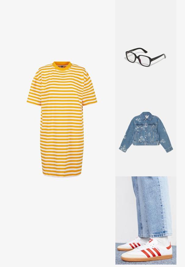 Veste en denim bleu clair avec des graphismes imprimés blancs, manches longues, col classique, fermeture à boutons et deux poches avant.; Robe t-shirt rayée avec des rayures alternées jaunes et blanches, col rond et manches courtes, confectionnée dans un tissu doux.; Baskets en cuir blanc avec des rayures et des accents rouges. Dotées d'une semelle extérieure en gomme texturée et d'un col rembourré. Portées avec un jean en denim bleu clair.; Lunettes noires rectangulaires avec des verres transparents, présentant des bords arrondis et des accents sur les côtés, avec une finition brillante sur la monture et les branches.