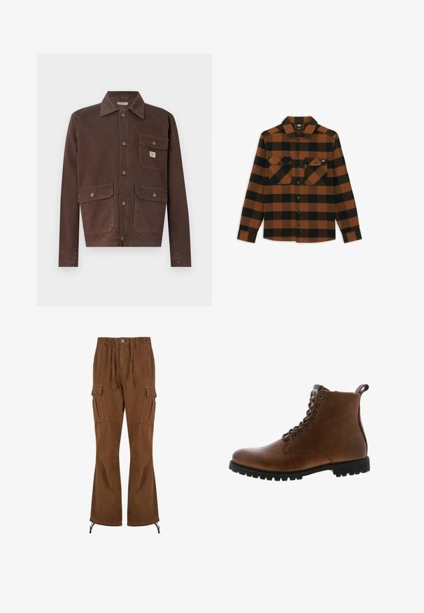 Bruine, lange mouw jas van duurzame stof. Heeft een kraag, een knoopsluiting aan de voorkant en twee borstzakken met kleppen. Glad textuur.; Langarmshirt in een oranje en zwart geruit patroon, gemaakt van een gestructureerde stof. Heeft twee borstzakken en een knoopsluiting aan de voorkant.; Bruine cargobroek met een elastische tailleband, trekkoorddetails, twee zijzakken en bredere pijpen met verstelbare zoom.; Bruine leren enkelbotten met een gestructureerde afwerking, metalen oogjes en een zwarte rubberen profielzool. Voorzien van een trekband aan de achterkant voor gemakkelijke instap.