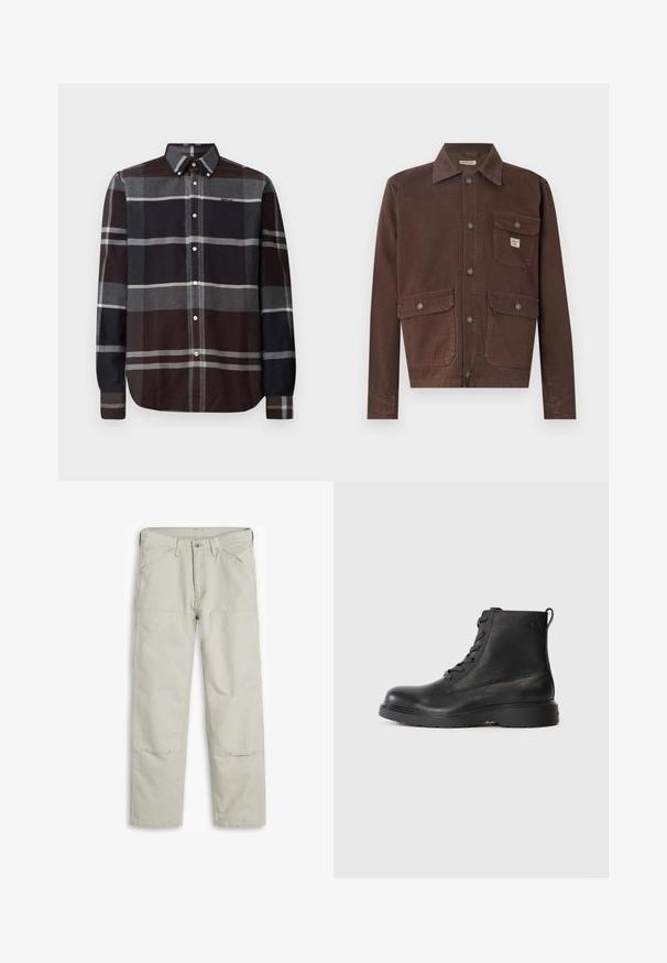 Bruine, lange mouw jas van duurzame stof. Heeft een kraag, een knoopsluiting aan de voorkant en twee borstzakken met kleppen. Glad textuur.; Barbour ICELOCH TAILORED TARTAN - Overhemd - midnight oak; Lichtgrijze katoenen broek met een rechte snit, meerdere zakken, versterkte kniebeschermers en contrasterende stiksels.; Zwarte enkellaars van textuurleer met een ronde neus, vetersluiting en een stevige zwarte rubbere zool. Heeft een lus aan de hiel.