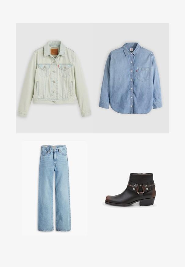 Hellblaue Jeansjacke mit klassischem Design, ausgestattet mit Brusttaschen, Metallknöpfen und einem Levi's-Label. Weiche Textur, strukturierte Passform.; Hellblaues Jeanshemd mit Knopfleiste am Kragen, Brusttasche und langen Ärmeln. Verfügt über einen abgerundeten Saum und eine subtile Textur.; Hochgeschnittene, hellblaue Schlagjeans mit Frontknopf und Reißverschluss, Gürtelschlaufen und fünf Taschen.; Schwarze Leder-Stiefelette mit runder Zehenpartie, silbernen Hardware-Akzenten und einem Riemen mit einer runden Schnalle. Blockabsatz-Design.