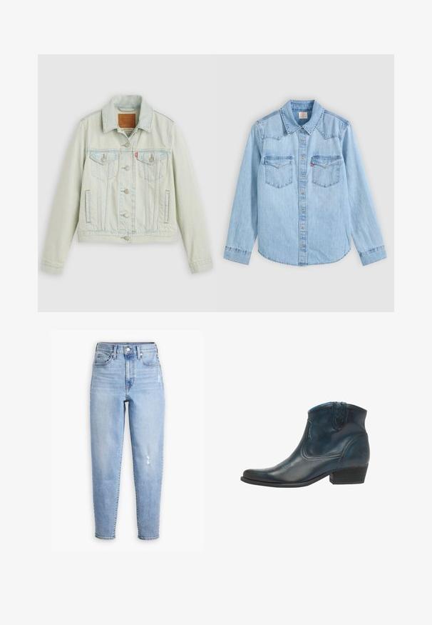 Lyseblå denimjakke med klassisk design, der har brystlommer, metalknapper og et Levi's-mærke. Blød tekstur, struktureret pasform.; Lyseblå denimskjorte med lange ærmer, knaplukning, to brystlommer med klapper og en klassisk spids krave på en grå baggrund.; Lysblå højtaljede jeans lavet af denim, med lige ben, subtil falming og et lille slidområde på højre lår.; Cowboy ankel støvler lavet af mørkeblåt læder, med spidse tæer, buede detaljer og en lav, stablet hæl med subtile syninger.