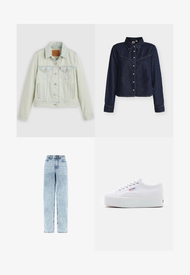 Lyseblå denimjakke med klassisk design, der har brystlommer, metalknapper og et Levi's-mærke. Blød tekstur, struktureret pasform.; Mørkeblå denimskjorte med lange ærmer og trykknapper, vestlig stil yoke, spids krave og lige kant mod hvid baggrund.; Høj talje, lyseblå falmet denimjeans med lige ben, knaplukning foran, lynlås og forlommer.; Hvide canvas sneakers med en tyk hvid platformssål, rund tå og metaløjelets til snørebånd. Mærkets logo præsenteret på siden.