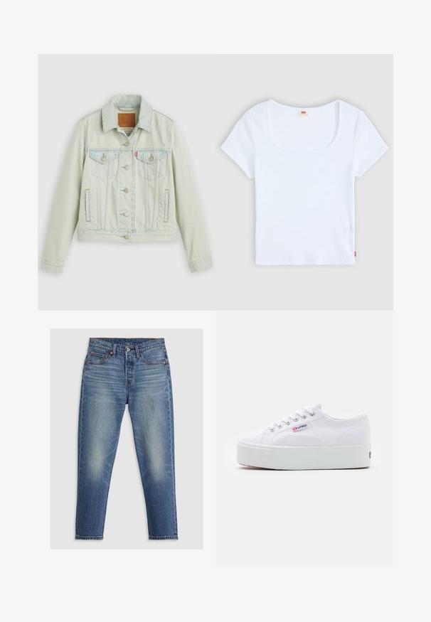 Hellblaue Jeansjacke mit klassischem Design, ausgestattet mit Brusttaschen, Metallknöpfen und einem Levi's-Label. Weiche Textur, strukturierte Passform.; Weiße kurzärmelige Bluse mit quadratischem Ausschnitt, aus geripptem Stoff. Mit einem kleinen roten Logoschild auf der unteren linken Seite.; Hellblaue Denim-Jeans mit geradem Schnitt, fünf Taschen, Knopfverschluss und dezenten Ausbleichungen an den Oberschenkeln. Sichtbare Kontrastnähte.; Weiße Leinenschuhe mit einer dicken weißen Plattformsohle, runder Zehenpartie und Metallösen für die Schnürsenkel. Markenlogo an der Seite angebracht.