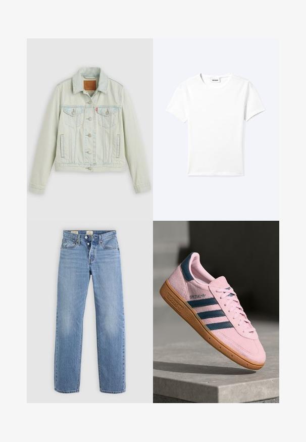 Lyseblå denimjakke med klassisk design, der har brystlommer, metalknapper og et Levi's-mærke. Blød tekstur, struktureret pasform.; Ensfarvet hvid t-shirt med korte ærmer og rund halsudskæring med en lille "WEEKDAY" label indeni halskanten, vist fladt på en lys baggrund.; Lysblå denimjeans med lige ben-design, metalknaplukning, forlommer og diskrete falmenotater over det hele.; Lyserød ruskindssneaker med marineblå tre striber, gummisål og lyserøde snørebånd. Har "SPEZIAL"-branding på siden.