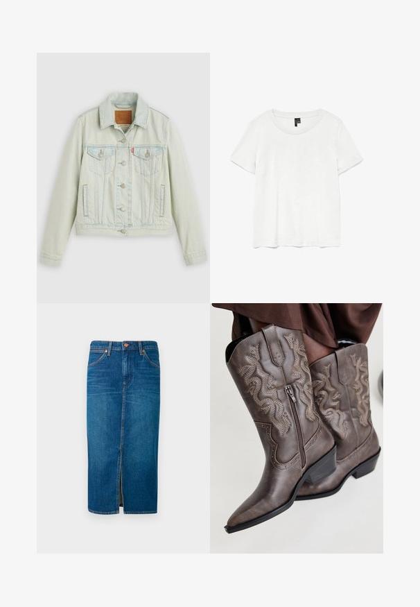 Lichtblauwe spijkerjack met een klassiek ontwerp, voorzien van borstzakken, metalen knopen en een Levi's-label. Zachte textuur, gestructureerde pasvorm.; Witte t-shirt met korte mouwen en een ronde hals, gemaakt van lichte stof. Eenvoudig ontwerp, gladde textuur en rechte zoom.; Denim midi-schoot in diepblauw met een voorknof, vijf zakken, oranje stiksels en een beveiligde tailleband met twee metalen knopen.; Bruine leren cowboylaarzen met een spitse neus, zijrits en een textuur van een slang in beige, met decoratieve studs langs de randen.