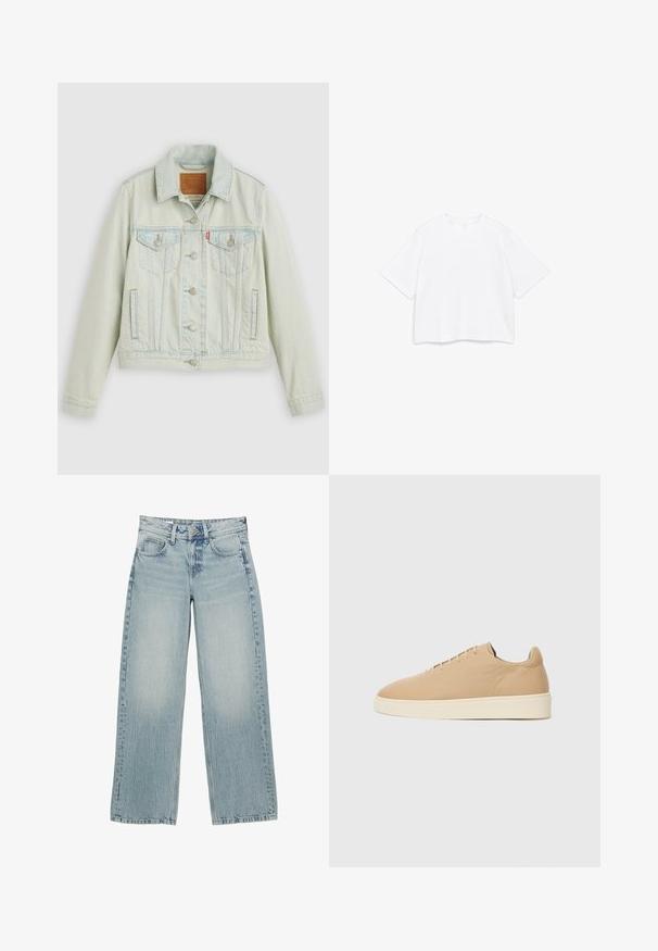 Lyseblå denimjakke med klassisk design, der har brystlommer, metalknapper og et Levi's-mærke. Blød tekstur, struktureret pasform.; Hvid T-shirt med korte ærmer, rund hals og en firkantet, løs pasform, vist på en ensfarvet hvid baggrund.; Lysblå denim bredbukser med høj talje, der har fem lommer, knaplukning og subtile falmninger for en slidt effekt.; Beige sneakers med en glat overflade, rund tå og minimalistisk design. Har en crèmefarvet sål og seks huller til snørebånd.