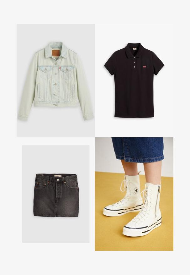 Veste en denim bleu clair au design classique, avec poches poitrine, boutons en métal et étiquette Levi's. Texture douce, coupe structurée.; Polo-shirt noir en coton, avec col, manches courtes et patte de boutonnage à trois boutons. Logo Levi's rouge sur la poitrine gauche.; Jupe en denim noir avec cinq poches, fermeture à bouton en métal et coutures orange contrastantes. Présente une coupe droite et un minimum d'effilochage.; Baskets montantes blanches avec une fermeture éclair, un design à lacets et des accents de rayures noires sur une semelle épaisse. Matériau en toile texturée.