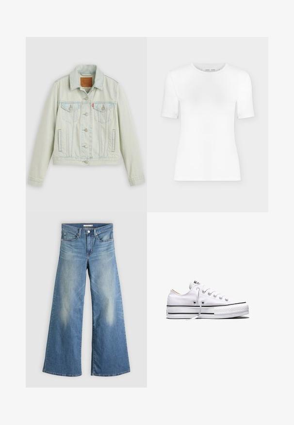 Lichtblauwe spijkerjack met een klassiek ontwerp, voorzien van borstzakken, metalen knopen en een Levi's-label. Zachte textuur, gestructureerde pasvorm.; Wit T-shirt met korte mouwen en een ronde hals, een slanke pasvorm en geribbelde stof, weergegeven op een effen lichtgrijze achtergrond.; Lichtblauwe wijde jeans gemaakt van denim. Heeft een hoge taille, voorzakken en vervaging langs de dijen. Detail met onafgewerkte zoom.; Witte lage canvas sneaker met witte veters, zwarte strepen op de zool en een rubberen, getextureerde neuskap, zijaanzicht op een witte achtergrond.