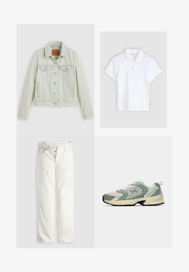 Veste en denim bleu clair au design classique, avec poches poitrine, boutons en métal et étiquette Levi's. Texture douce, coupe structurée.; Polo blanc à manches courtes en maille côtelée avec col et quatre boutons, étalé à plat sur un fond gris clair.; Jean blanc taille haute à jambes droites avec braguette à boutons, poches avant et arrière, et rivets en cuivre visibles aux coins des poches.; Baskets de sport New Balance blanches et vert clair en tissu en maille, avec une semelle beige et un semelle noire, présentées de côté sur un fond uni.
