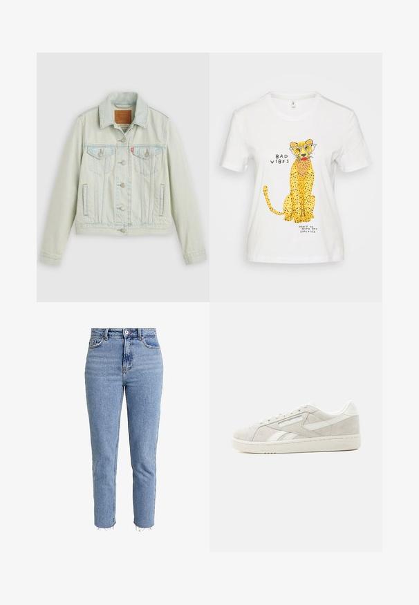 Vaaleansininen farkkutakki klassisella designilla, jossa on rintataskut, metalliset napit ja Levi'sin merkki. Pehmeä rakenne, ryhdikäs istuvuus.; Valkoinen puuvillapaita, jossa on sarjakuvamainen gepardi silmälaseilla, keltaisia täpliä ja leikkisiä tekstejä: "HUONOT VIBRAT" ja "ÄLÄ MENNÄ HUULIPUNANI KANSSA."; Vaaleansiniset korkeavyötäröiset farkut, jotka ovat denimistä valmistettu, suoran lahkeen leikkauksen omaavat, repaleisella helmalla varustetut ja minimalistisella muotoilulla ilman koristeita.; Vaaleanharmaa mokkanahkainen matalakärkinen tennari, jossa valkoiset yksityiskohdat, nauhat ja teksturoitu pohja yksinkertaisella vaalealla taustalla.